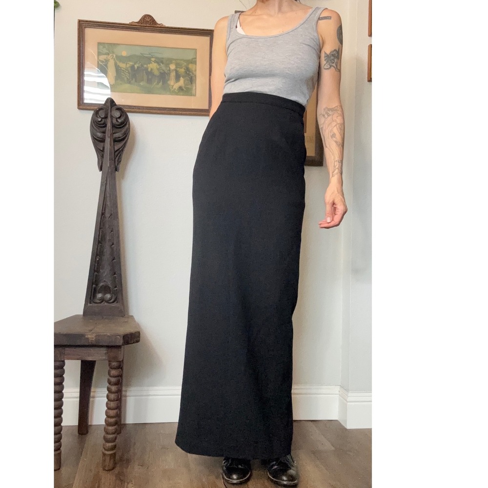 Vintage 80s Anne Klein Black Wool Maxi Skirt High Waisted Neiman Marcus